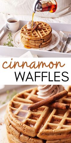 cinnamon waffles with syrup being drizzled on top