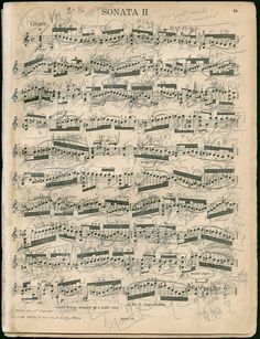 an old sheet with musical notes written in black ink on white paper, and the words sonate ii