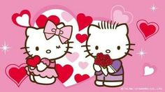 hello kitty wallpaper with two cats holding hearts and the words hello kitty dear daniel