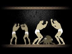 three silhouettes of two men wrestling in front of a black background with greek border