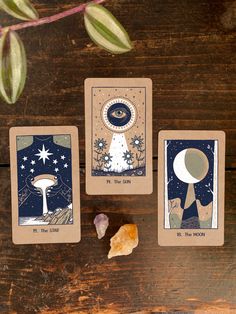 three tarot cards sitting on top of a wooden table next to some rocks and a plant