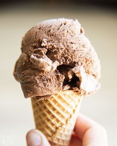 a hand holding an ice cream cone filled with chocolate