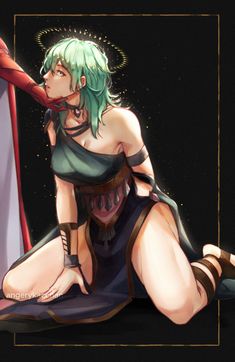 a woman with green hair sitting on the ground next to a red curtain and holding onto a