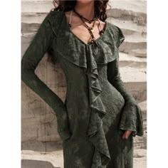 -Item Id 34190802 -Details: Asymmetrical, Knot, Ruffle -Neckline: V Neck -Sleeve Type: Flounce Sleeve -Style: Casual -Type: A Line -Waist Line: High Waist -Hem Shaped: Asymmetrical -Color: Dark Green -Pattern Type: Plain -Sleeve Length: Long Sleeve -Fit Type: Regular Fit -Length: Long -Material: Knitted Fabric -Composition: 95% Polyester, 5% Elastane -Care Instructions: Machine Wash Or Professional Dry Clean -Sheer: Yes -Fabric: Slight Stretch -Body: Unlined -Pockets: No **Open To Offers!!!** ** Dark Lace Dress, Witchy Formal Dress, Flared Long Sleeve Dress, Long Black Summer Dress, Library Core, Modern Rococo, Spring Dresses Women, Flare Sleeve Dress, Styl Boho