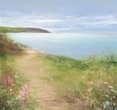 an oil painting of a path leading to the ocean with wildflowers on either side