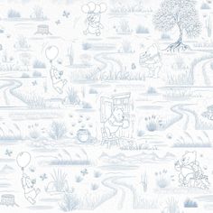 winnie the pooh wallpaper in blue and white, with cartoon characters on it