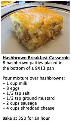 a recipe for hashbrown breakfast casserole on a plate with instructions to make it