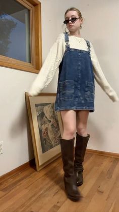 90s Art Teacher Style, Overalls For Winter, Overall Skirt Outfit Fall, Overalls Outfit Aesthetic Winter, Overall Dress Outfit Aesthetic, Dress Up Overalls Outfit, Overall Dress Aesthetic, Hhn Outfit Ideas, Overalls Skirt Outfit