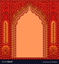 an ornate red and gold background with arches