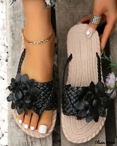 Color: black, Size: US7 Boho Mode, Flower Flat, Floral Flats, Boho Sandals, Chic Type, Beach Flip Flops, Estilo Chic, Styl Boho, Braided Strap