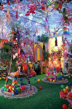 a room filled with lots of colorful decorations