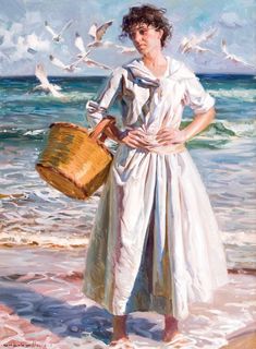 a painting of a woman on the beach with seagulls flying above her and holding a basket