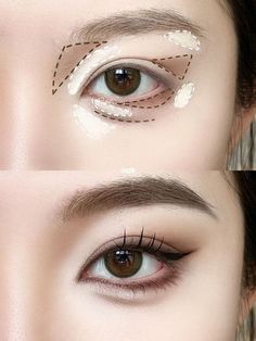 East Asian Eye Makeup, Mata Hooded, Eye Makeup Guide, Monolid Eye Makeup, Monolid Makeup, Asian Makeup Tutorials, Membentuk Alis, Anime Eye Makeup, Cute Eye Makeup