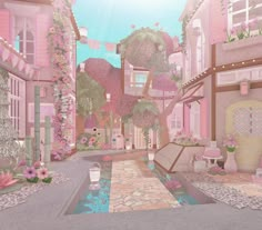 a digital painting of a street with pink buildings and flowers on the sidewalk, in front of a blue sky