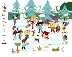 a group of people standing around a snowman in the middle of a snowy forest