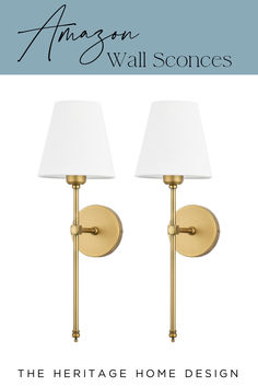 two lamps with white shades on them and the words amazon wall sconces above it