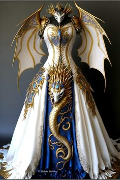 a white and blue dress with gold dragon on it's chest, in front of a gray background