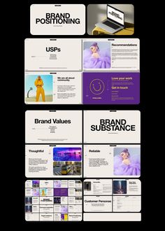 a bunch of white and purple presentation slides with different images on the front, back and side