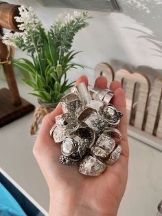 a person holding a bunch of silver objects in their hand next to a potted plant