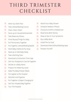 the third trimester checklist is shown in pink and white