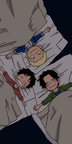 three cartoon characters are laying in bed together