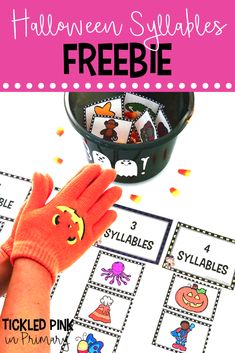 a hand that is holding an orange glove with the words halloween sylabies freebie