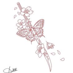 a drawing of a butterfly on top of a knife with flowers and butterflies around it