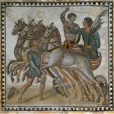 an old mosaic with men riding on horses