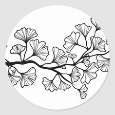 a black and white drawing of a branch with flowers on it's side, in the shape of a circle