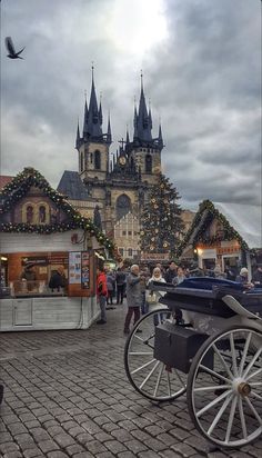 a horse drawn carriage parked in front of a building with christmas decorations on it's side