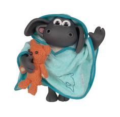 a stuffed animal is wrapped in a blue towel and holding a brown teddy bear with its paws