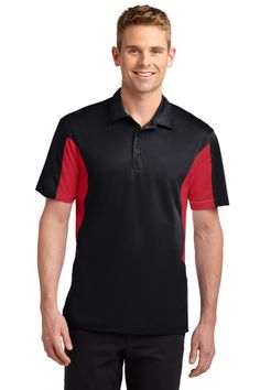 Sport-Tek Side Blocked Micropique Sport-Wick Polo. Smooth, snag-resistant and moisture-wicking micropique with colorblock panels. 3.8-ounce, 100% polyester tricot Snag-resistant Moisture-wicking Double-needle stitching throughout Tag-free label Taped neck 3-button placket with dyed-to-match rubber buttons Colorblocking at panels on sides, sleeves and back collar Set-in, open hem sleeves Side vents *Due to the nature of 100% polyester performance fabrics, special care must be taken throughout... Sport Fabric, Work Wear Women, Mens Big And Tall, Big And Tall, Short Sleeve Polo, Mens Polo Shirts, Embroidery Projects, Sports Shirts