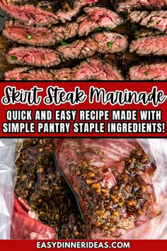 steak marinade in plastic bags with text overlay that reads, how to cook steak marinads quick and easy recipe made with simple pantry staple ingredients