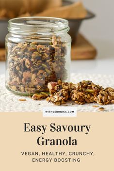 an easy savory granola recipe in a mason jar with text overlay