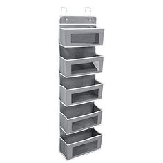 a tall grey storage unit with five drawers and four bins on each side, in front of a white background