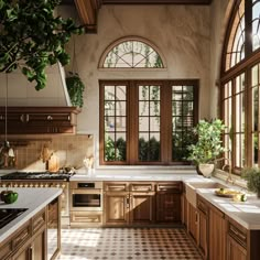 a kitchen with an arched window and tiled flooring next to a stove top oven