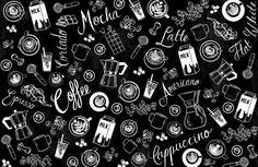 a black and white drawing of coffee related items