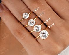 three different types of engagement rings on someone's hand with price tags in the background