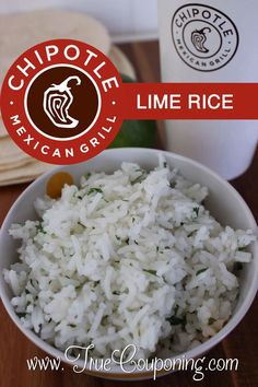 a white bowl filled with rice next to a cup of coffee and a bag of chips