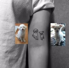 a small white dog on the left arm and an image of a smaller white dog on the right arm