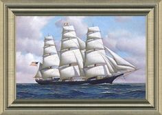 a painting of a large sailboat in the ocean with white sails and three masts