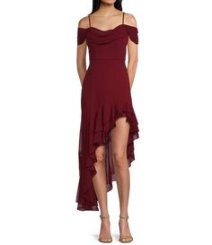 City Vibe Off The Shoulder Drape Chiffon Ruffle Hi-Lo Dress | Dillard's Dresses Amazon, Wine Red Dress, Wings Dress, Night Out Party, Winter Formal Dresses, Formal Dresses Gowns, City Vibe, Chiffon Ruffle, Junior Dresses