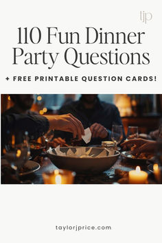 an image of a dinner party question card with the words 10 fun dinner party questions and free printable question cards