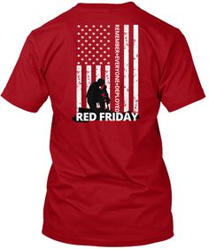 the back of a red shirt with an american flag and two soldiers silhouettes on it