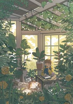 a person sitting at a table in a room filled with plants