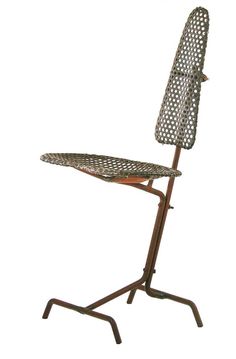 an ironing board sitting on top of a metal stand with a wooden seat and back rest