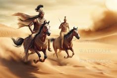 two men riding horses in the desert