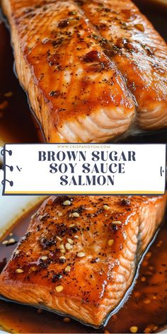 two pieces of salmon sitting on top of a pan covered in sauce and seasoning