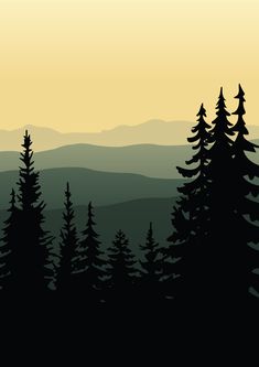 the trees are silhouetted against the backdrop of mountains