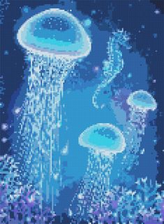 an image of a blue and purple background with jellyfish in the water at night